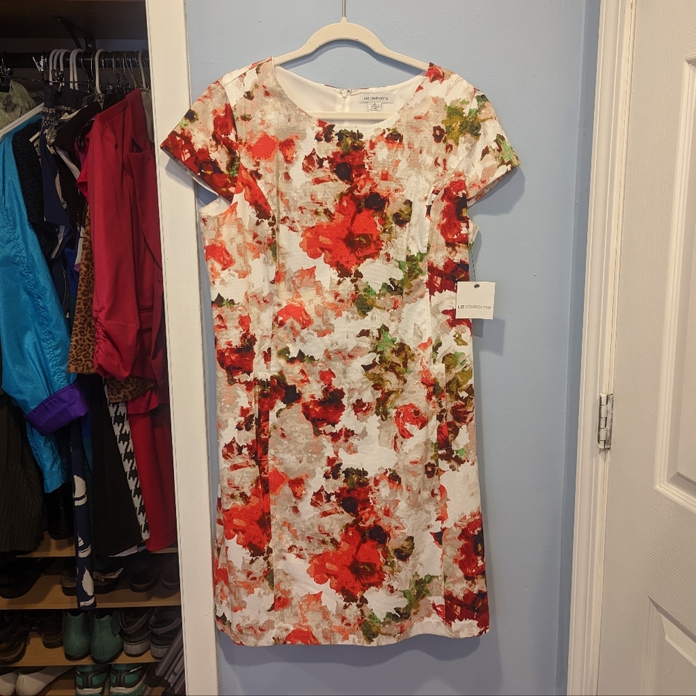 FINAL PRICE NWT LIZ CLABORNE Floral Textured Cotton Structured Sheath Dress 16
